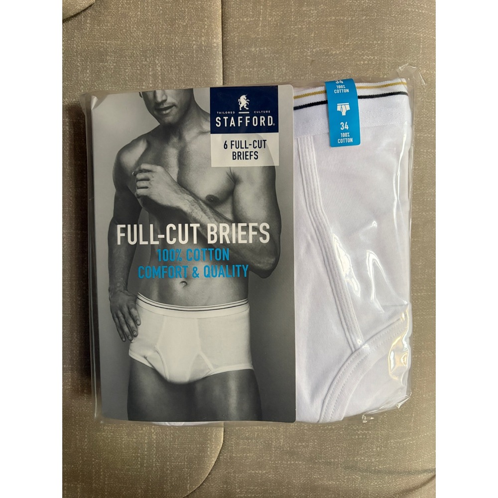 Stafford Mens 6 Pack Full-Cut Briefs 100% Cotton White Underwear Size 34